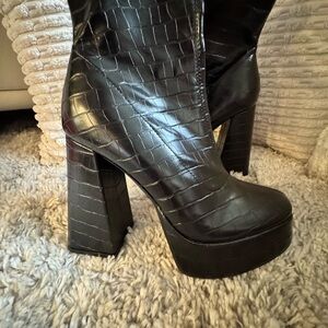 Black Croc-Embossed Platform Boots